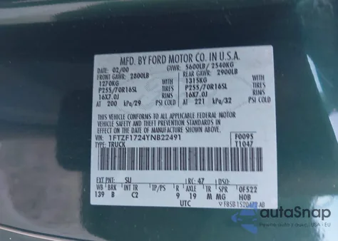 2000 Ford F-150 Work Series/Xl/Xlt from USA, damaged, VIN 1FTZF1724YNB22491